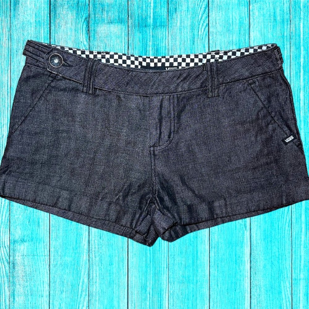 VTG 90's VANS dark blue stone washed denim shorts with checkered interior waist